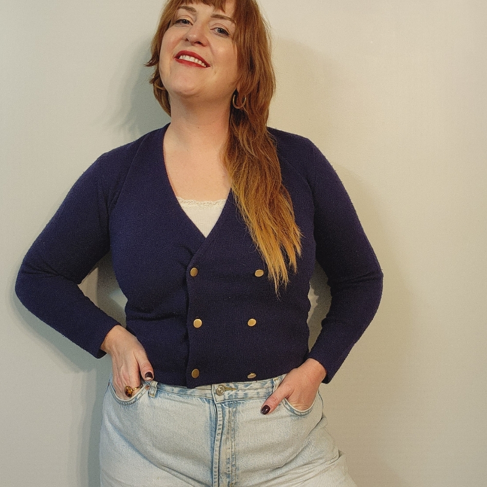 70s Robert Bruce Navy Blue Double Breasted Cardigan Sweater
